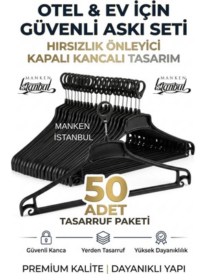 Manken İstanbul 50 Adet Otel Askısı Ev Askısı Güvenli Hırsızlık Önleyici Kapalı Kancalı Askı