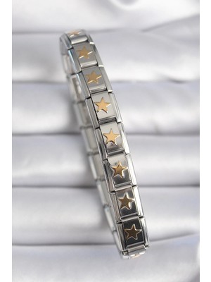 My Best Store Ietaks™ 316L Çelik Gümüş Renk Gold Yıldız Işleme Nomination Charm Bileklik