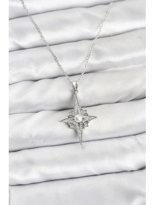 My Best Store Ietaks™ 316L Çelik Zincir Gümüş Renk Kutup Yıldızı Model Zirkon Taşlı Kadın Kolye