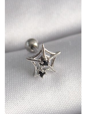 My Best Store Ietaks™ 316L Çelik Gümüş Renk Siyah Zirkon Taş Detay Örümcek Ağ Model Tragus Piercing