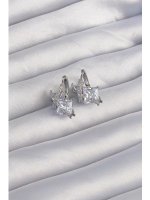 My Best Store Ietaks™ Pirinç Gümüş Renk Iri Zirkon Taşlı Kıvrımlı Minimal Kelebekli Halka Küpe
