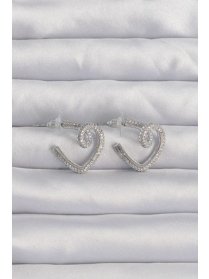 My Best Store Ietaks™ Pirinç Gümüş Renk Zirkon Taşlı Kıvrımlı Yarım Kalp Küpe