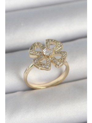 My Best Store Ietaks™ Pirinç Gold Renk Zirkon Taşlı Yonca Model Ayarlanabilir Kadın Yüzük