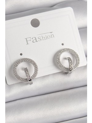 My Best Store Ietaks™ Pirinç Gümüş Renk Zirkon Taşlı Halka Model Kadın Küpe