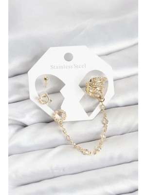 My Best Store Ietaks™ Uzay Model Pirinç Gold Renk Zincir Bağlantılı Ear Cuff Küpe Seti