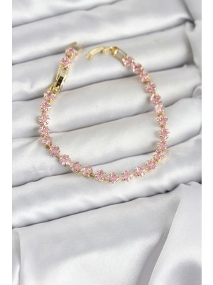 My Best Store Pembe Kare Zirkon Taşlı Gold Renk Pirinç Su Yolu Kadın Bileklik