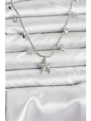 My Best Store Ietaks™ Pirinç Gümüş Renk Zirkon Taşlı Deniz Yıldızı Model Kadın Kolye
