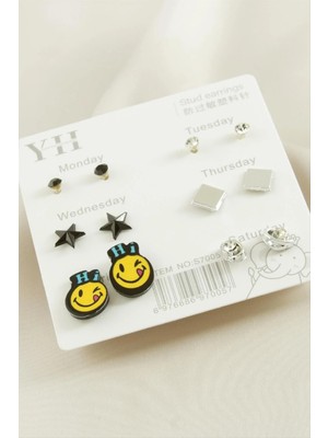 My Best Store 12 Adet Emoji Metal Taşlı Küpe