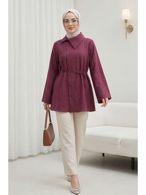 Moda Morfo Yandan Yakalı Boydan Düğmeli Çizgili Bağcıklı Krinkıl Gömlek -Mürdüm