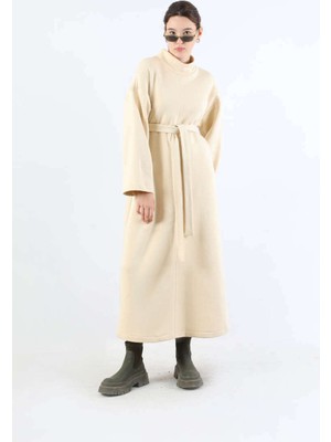 Zülays Önü Dikişli Oversize Elbise Krem