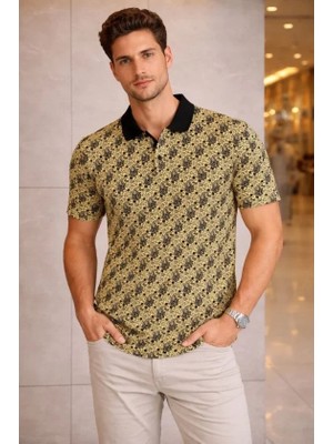 Beruflic Erkek Pike Kumaş Polo Yaka Palmiye Desenli Tişört Kısa Kol Yazlık Tshirt