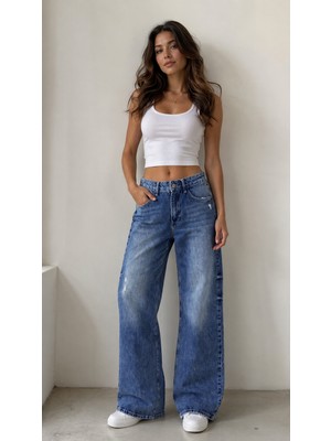 Lenithra Kadın Yüksel Bel Palazzo Geniş Paça Salaş Denim Jean Likrasız