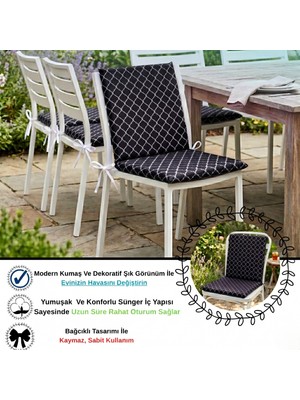 Bhomes Concept 40X80 cm Siyah Arkalıklı Sandalye Minderi Pamuk Polyester Kumaş Ipli Sırtlı Mutfak ve Bahçe Minderi