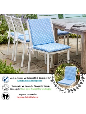 Bhomes Concept 40X40 cm Mavi Arkalıklı Sandalye Minderi Pamuk Polyester Kumaş Ipli Sırtlı Mutfak ve Bahçe Minderi