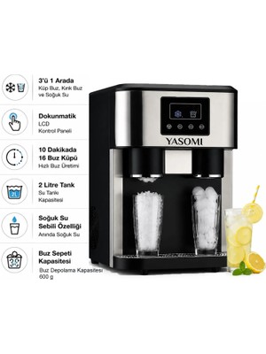 Yasomi Coolmaster Zbs15 3in1 Buz Makinesi Küp & Kırılmış Buz, Soğuk Su Lcd Dokunmatik Inox Gövde 2l Tanklı Buz Makinesi