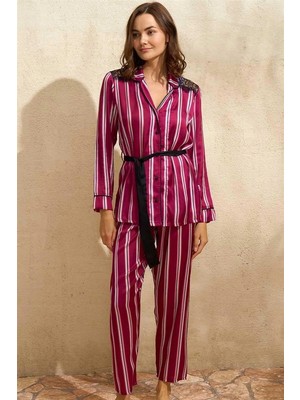 Beruflic Saten Çizgili Düğmeli Uzun Kol Dantelli Gömlek ve Pantolon Pijama Takım (9765)