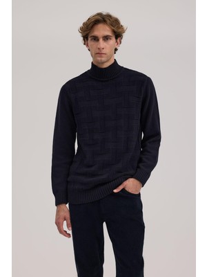 Jakamen Lacivert Slim Fit Desenli Pamuklu Tam Balıkçı Yaka Triko