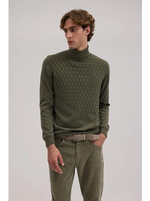 Jakamen Haki Slim Fit Desenli Tam Balıkçı Yaka Triko