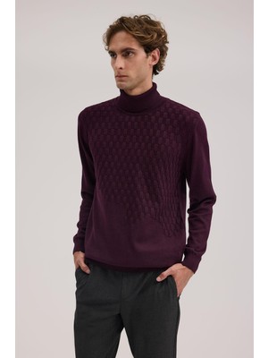 Jakamen Mor Slim Fit Desenli Tam Balıkçı Yaka Triko