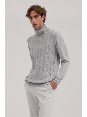 Jakamen Gri Slim Fit Desenli Tam Balıkçı Yaka Triko