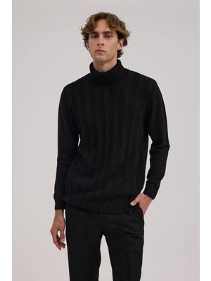 Jakamen Siyah Slim Fit Desenli Tam Balıkçı Yaka Triko