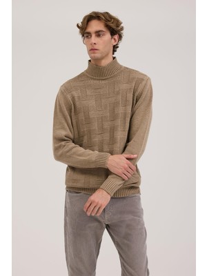 Jakamen Vizon Slim Fit Desenli Tam Balıkçı Yaka Triko