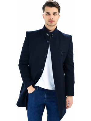 Dewberry Erkek Palto Uzun Kol Yün Polyester Malzeme ile Lacivert Düz Desenli XL Beden