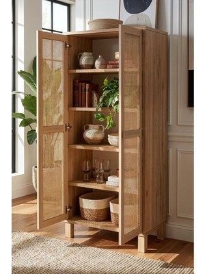 Yurudesign Dune Çok Amaçlı Dolap Kahverengi Ahşap Jüt Kapaklı 134 cm 60 cm 35 cm Vintage Tasarım DN6-SJ