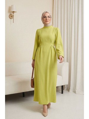 Moda Morfo Hakim Yaka Belden Bağlamalı Elbise  -Yağ Yeşili