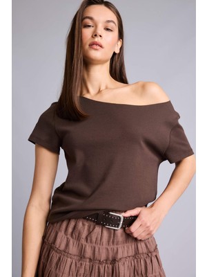 DeFacto Loose Fit Omzu Açık Ribana Kısa Kollu Tişört H8085AX26SM