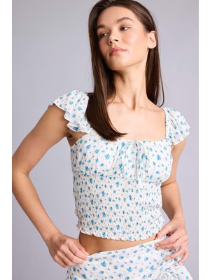 DeFacto Fitted Floral Dokulu Kolsuz Bluz F6404AX26SM