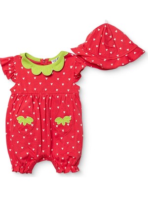 Hellobaby Kız Bebek Kısa Tulum Çilek Baskılı Çıtçıtlı Modelli Yaka Kısa Kol Lastikli