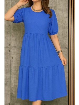 Gökyüzü Moda Kadın Kısa Kollu Yakası Açık Katlı Bürümcük Balon Elbise