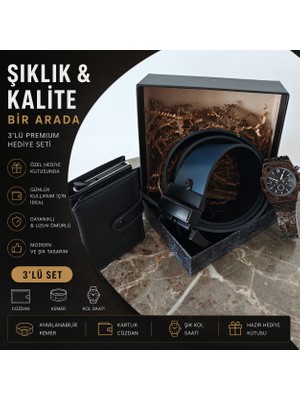 Elite Noir Akordiyon Mekanizmalı Cüzdanlı Erkek Hediye Seti - Saat & Çift Taraflı Kemer