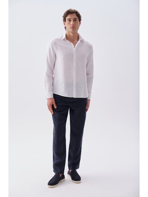 Mudo Erkek Lacivert Çizgili Tapered Fit Keten Pantolon