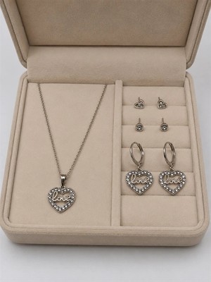 twingold Love Detaylı Gümüş Renk 4'lü Kolye Küpe Seti