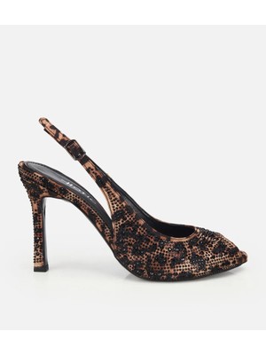 Hotiç 01SAH321080A499 KADIN Saten Leopar Desenli Taşlı Burnu Açık Topuklu Sandalet