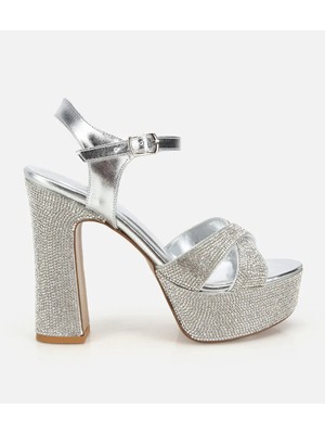 Hotiç Kadın Lame Taş Detaylı Yüksek Topuklu Sandalet Suni Deri 12 cm Platform Topuk 01SAH320920A210