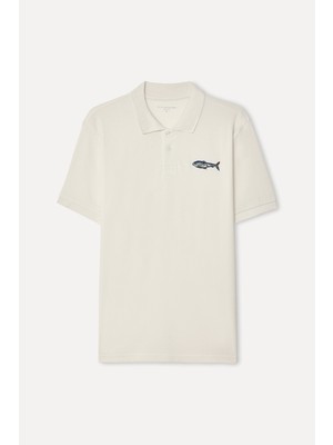 Mudo Erkek Kırık Beyaz Nakışlı Polo Yaka T-Shirt