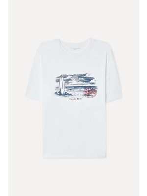 Mudo Erkek Beyaz Baskılı Bisiklet Yaka T-Shirt