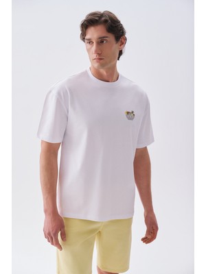 Mudo Erkek Beyaz Baskılı Oversize Bisiklet Yaka T-Shirt