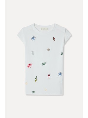 Mudo Kadın Kırık Beyaz Nakışlı Bisiklet Yaka T-Shirt