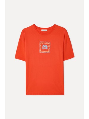 Mudo Kadın Kırmızı Baskılı Loose Fit Bisiklet Yaka T-Shirt