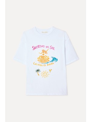 Mudo Kadın Beyaz Baskılı Bisiklet Yaka T-Shirt