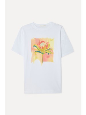 Mudo Kadın Beyaz Baskılı Loose Fit Bisiklet Yaka T-Shirt