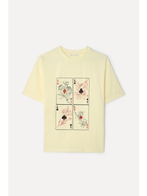 Mudo Kadın Sarı Baskılı Bisiklet Yaka T-Shirt
