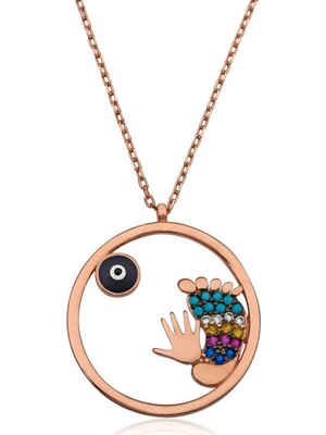 Yvz Store 925 Ayar Gümüş Nazarlı El ve Ayak Izi Kadın Gümüş Kolye