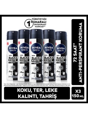 Nivea MEN Erkek Sprey Deodorant Black&White Invisible Original 150ml, 72 Saat Terlemeye ve Ter Kokusuna Karşı Koruma, Alkolsüz, X5 Adet