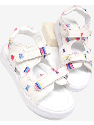 Tonny Black Çocuk Unisex Beyaz Rahat Kalıp Renk Desenli Çift Cırtlı Sandalet
