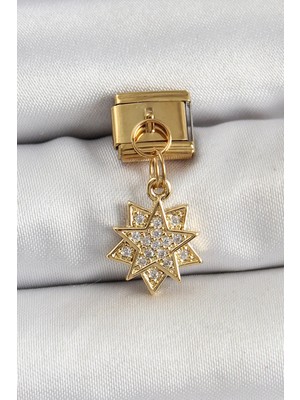 My Best Store Ietaks™ 316L Çelik Sallantılı Zirkon Taşlı Yıldız Model Gold Renk Nomination Charm